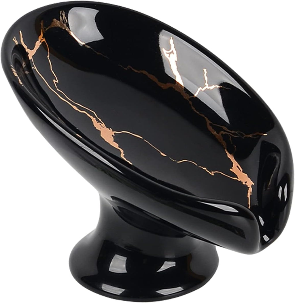 Soap Dish, Ceramic Soap Holder Self Draining Leaf Shape Bar Soap Holder, Marble Look Black Drain Soap Dish Holder for Bathroom, Easy to Clean Keeps Soap Dry,
