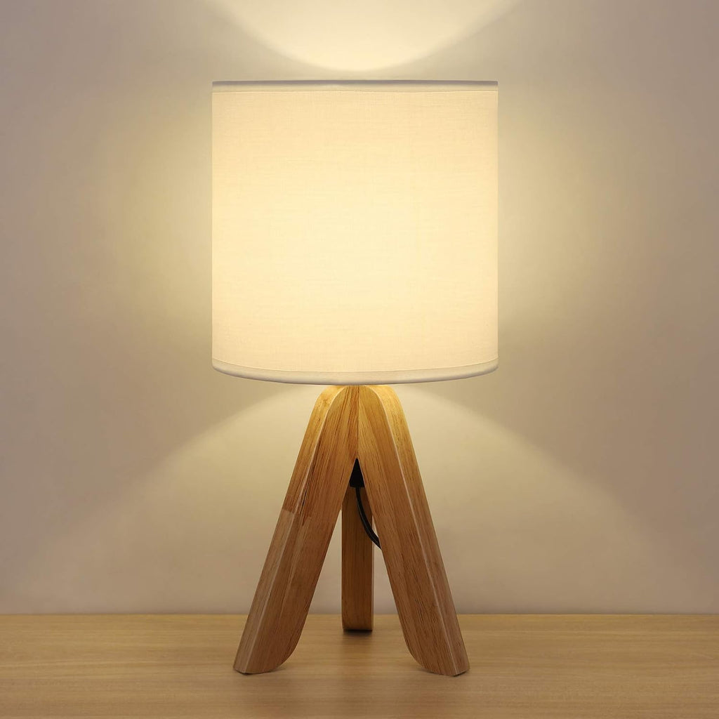 Small Table Lamp, Cute Kids Desk Lamp with Fabric Shade Wood Tripod Base Nightstand Lamp for Kids, Office, Study Room, Bedroom, Dorm, Coffee Table (White)