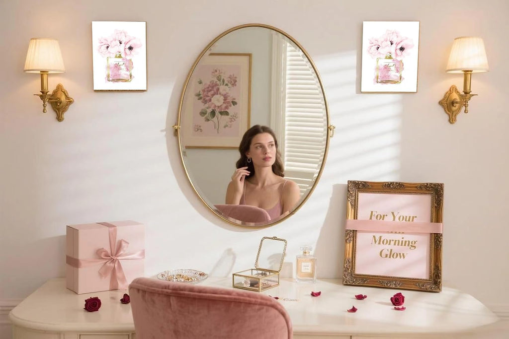 Canvas Wall Art Glam Perfume Pictures Wall Decor Pink Flowers and Gold Canvas Wall Art Girl Home Decor for Bedroom Wall Bathroom Set Room Decor