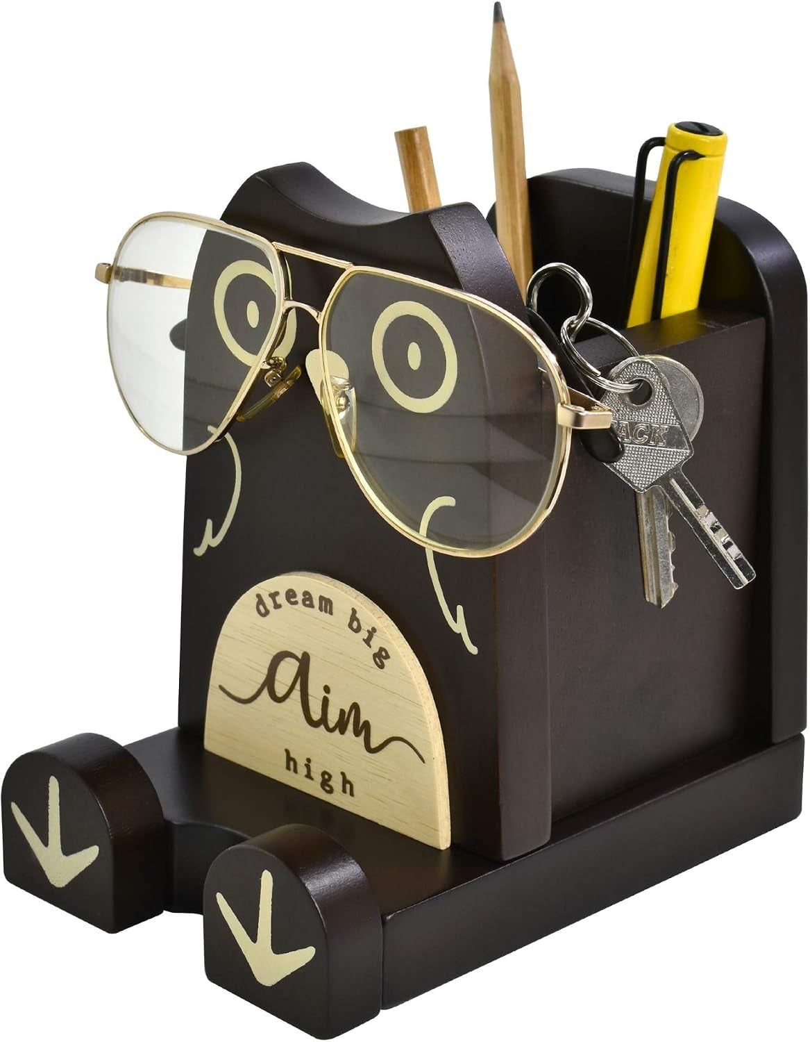 Wood Multipurpose Eyeglass Phone Pen & Pencil Holder Stand Stationery Desk Box Organizer Accessories, Home Office Desktop Decor Birthday Graduation Gifts “Dream Big Aim High” (Owl)