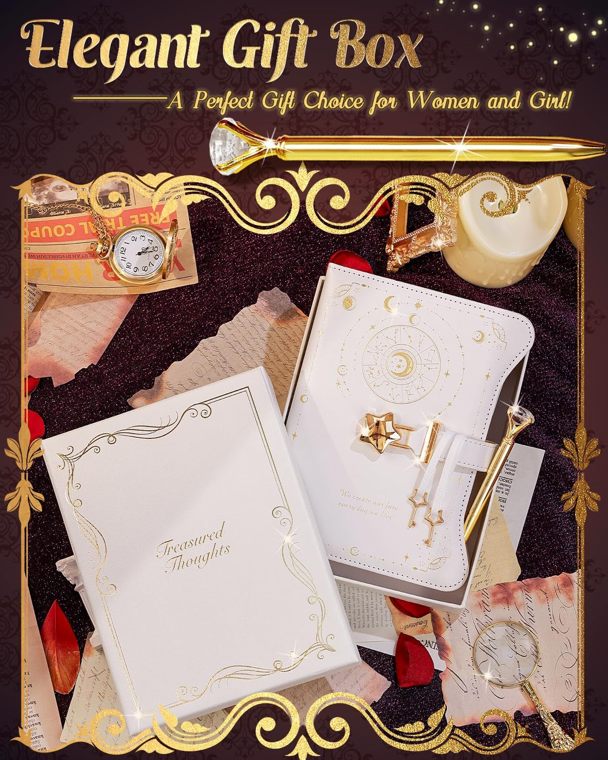 Diary with Lock and Keys for Girls and Women, Locking Diary for Gift Ideas with Gift Box and Pen and Bookmark, Journal for Women with 360 Kraft Pages, B6 Refillable Notebook with Lock for Writing (White)