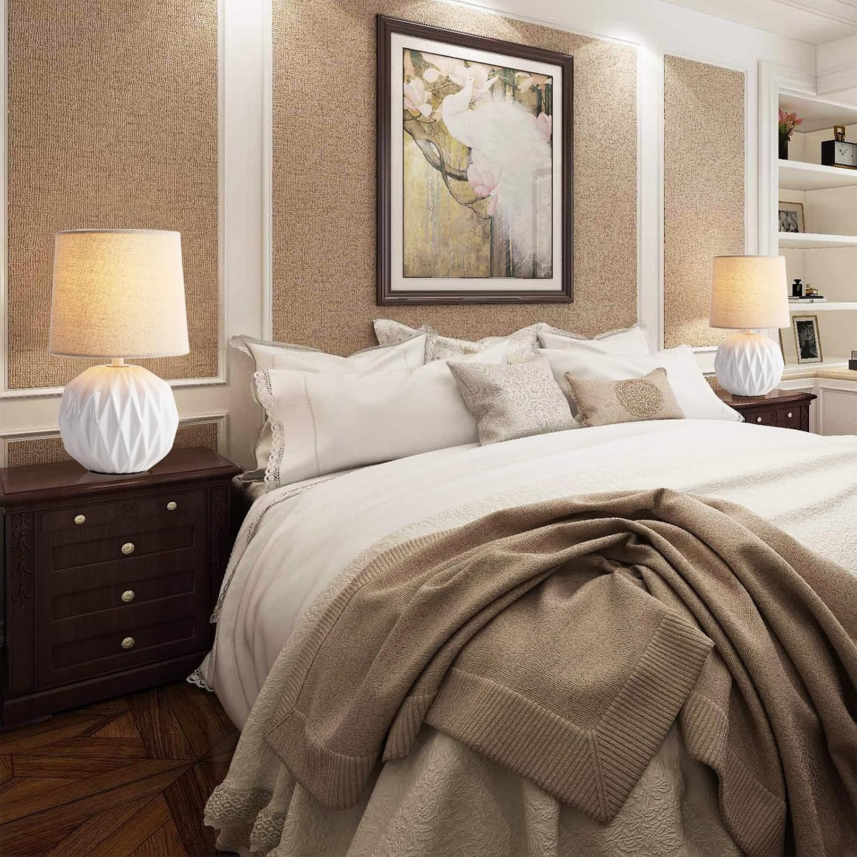 Ceramic Bedroom Table Lamps Set of 2, Small Bedside Lamp, White Lamp with Linen Shade, Mid Century Modern Nightstand Lamp for Bedroom Living Room Office, 7W LED Bulb Included