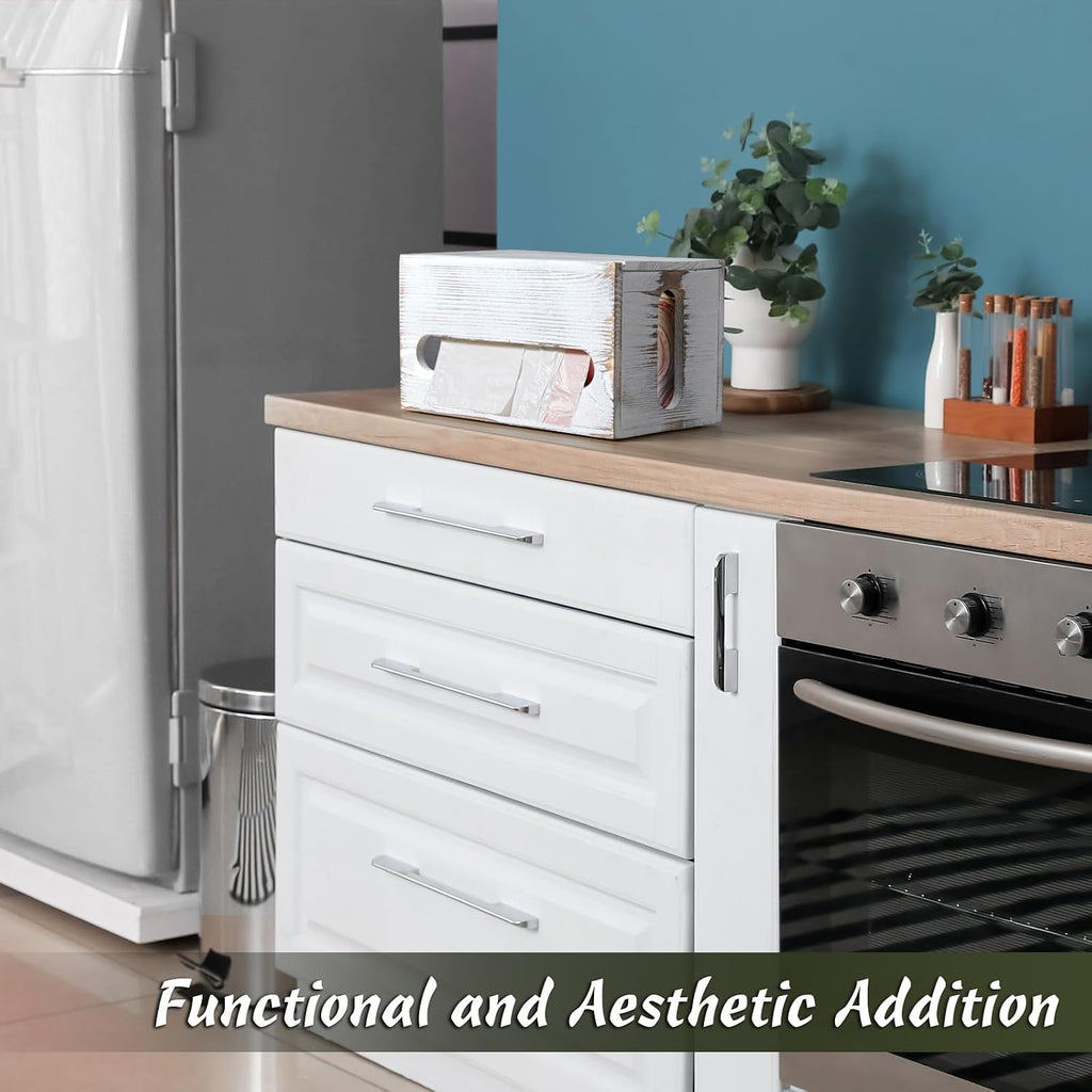 Trash Bag Dispenser, Wall Mount Wooden Trash Organizer , Countertop Trash Bag Roll Holder for 4-8 Gallon , Retro White Kitchen Laundry Room Organization