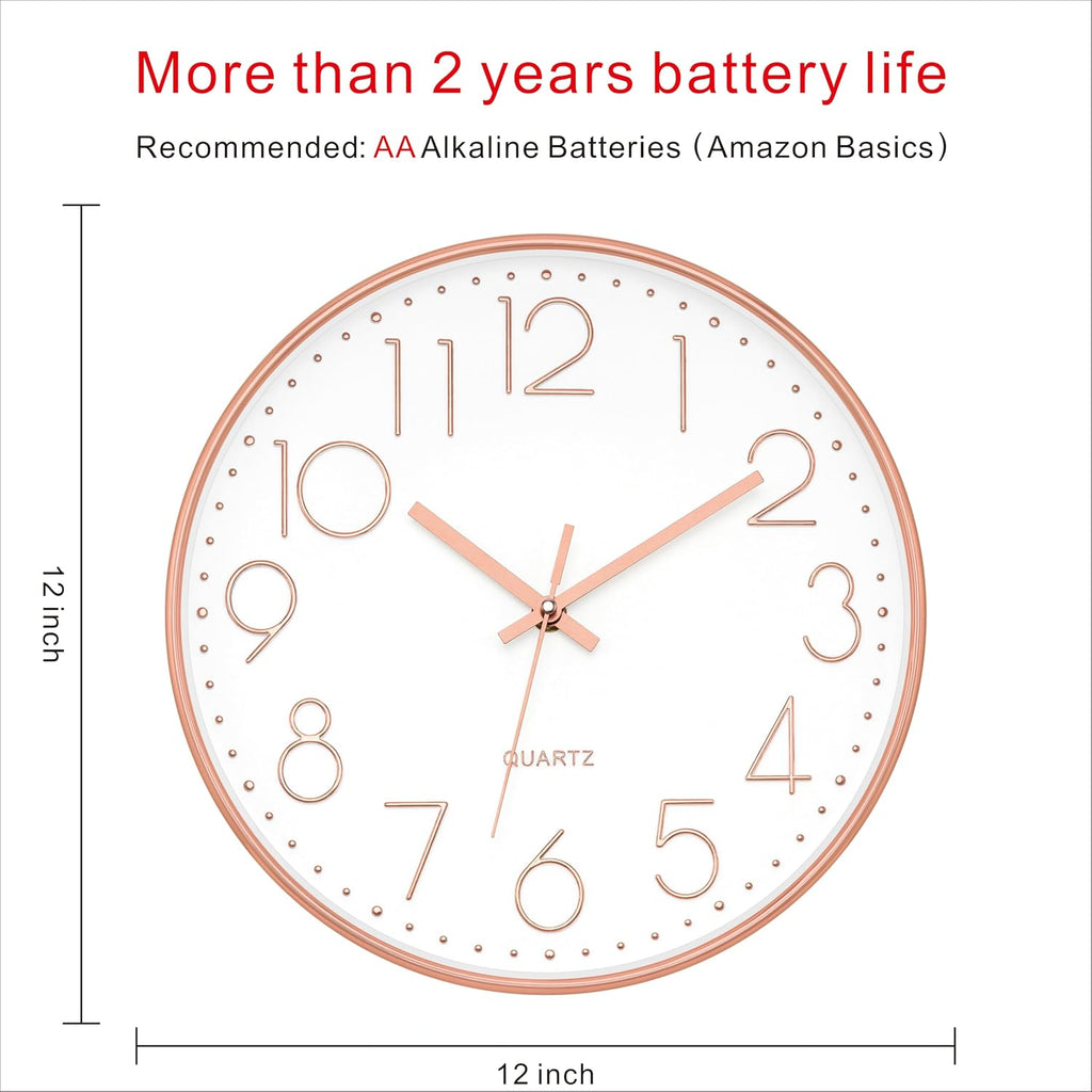 12" Modern Wall Clock Silent Battery Operated Rose Gold Clock
