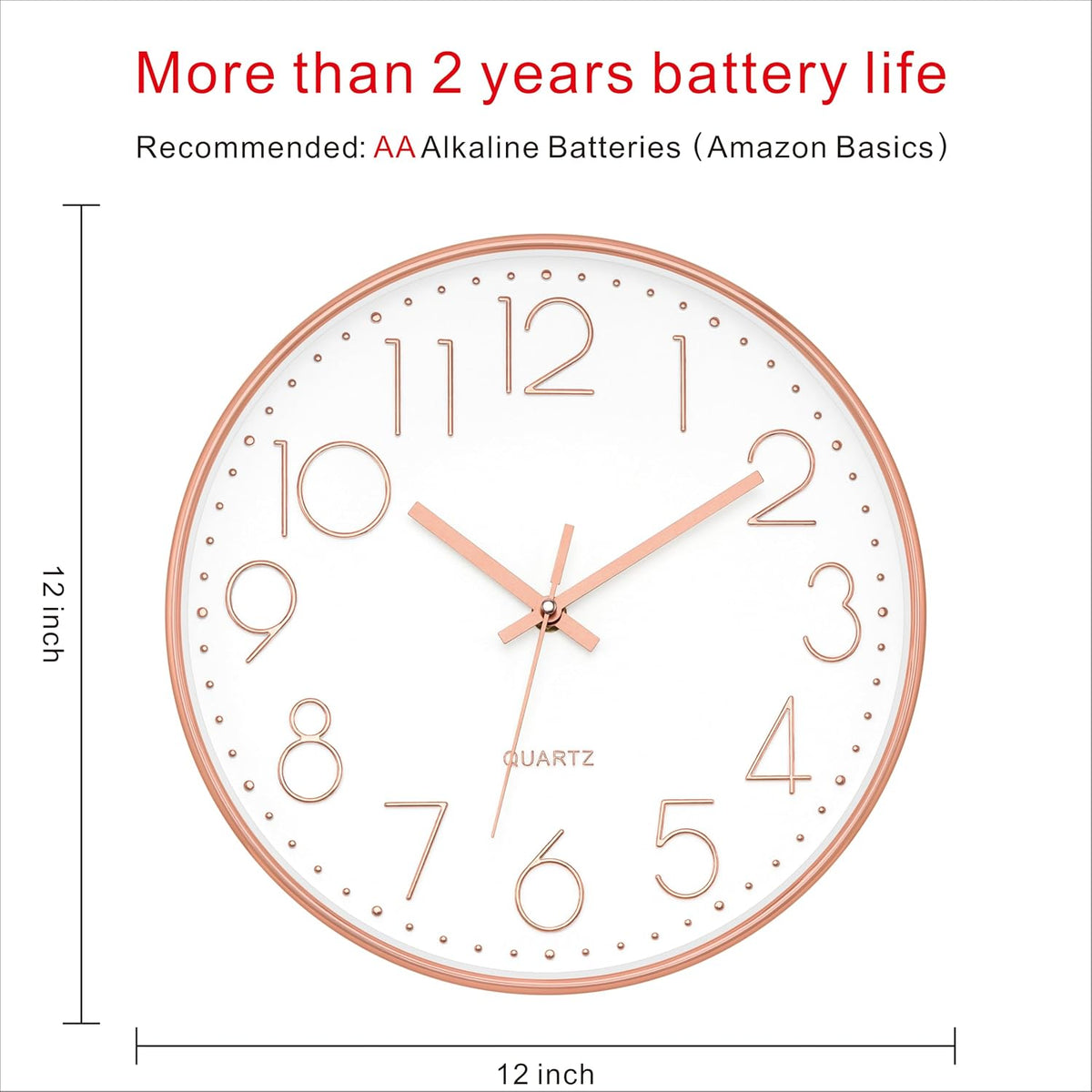 12" Modern Wall Clock Silent Battery Operated Rose Gold Clock