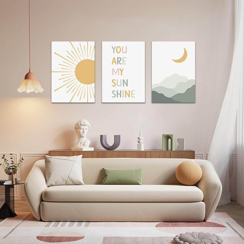 Boho Sun Moon Wall Art Set of 3,Framed Canvas Wall Art Sun Rising on the Horizon Geometric Nature Mountain Art Wall,Mid-Century Modern Prints Boho Wall Decor Nursery Decor Green Brown 24"X36"