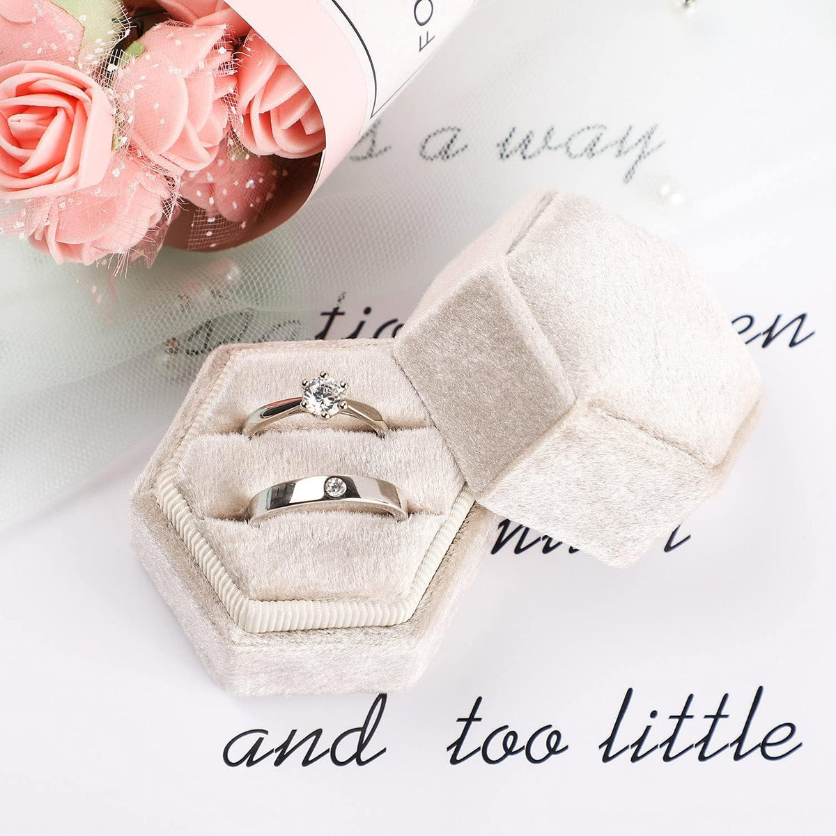 Velvet Ring Box,Hexagon Wedding Double Small Ring Box Proposal Engagement