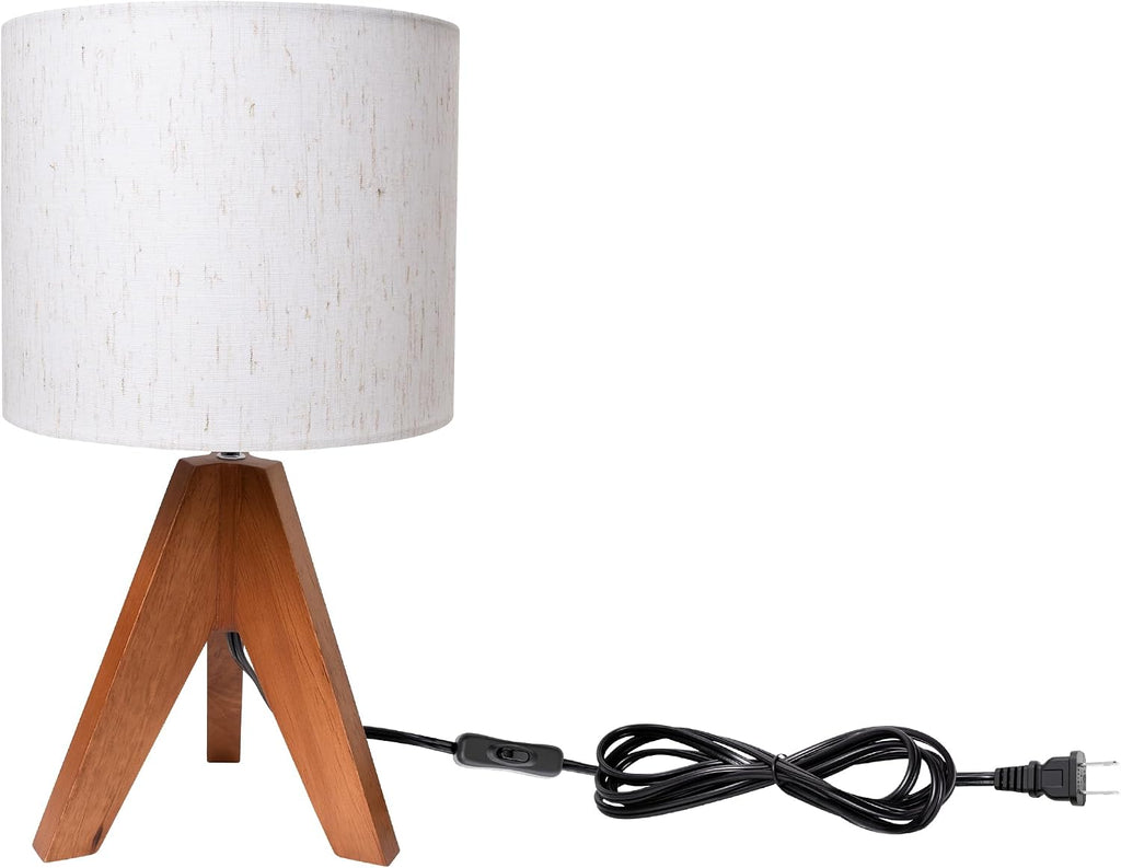 Mid Century Table Lamp - Small Side Table Lamp with Linen Shade, 14.2 Inch Bedside Lamps for Night Stands, Bedroom, Living Room, Wood Base, E26 Socket（2Pcs）