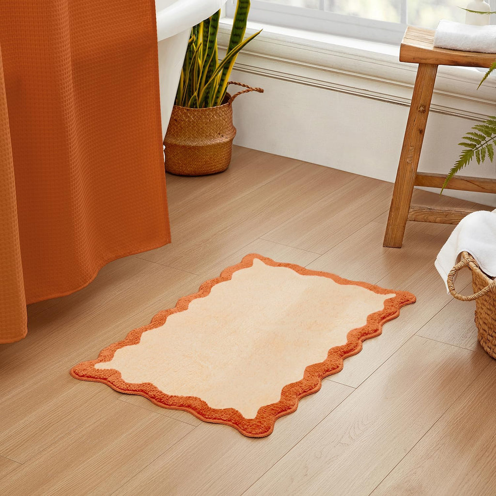 Bath Mat with Scalloped Wavy Ripple Design, Microfiber Absorbent Non Slip Tufted Rug for Floor, Shower or Kitchen (20X32 Inch, Orange)
