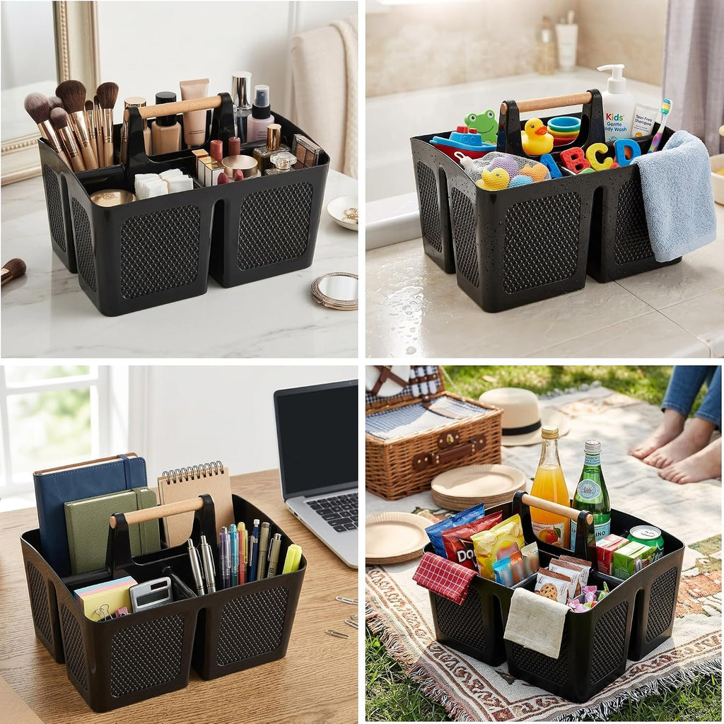 Plastic Shower Caddy with Wooden Handle, Portable 3-Compartment Bathroom Organizer Basket with Drainage Holes, Quick Dry Shower Basket for Dorm, College, Cleaning Supplies