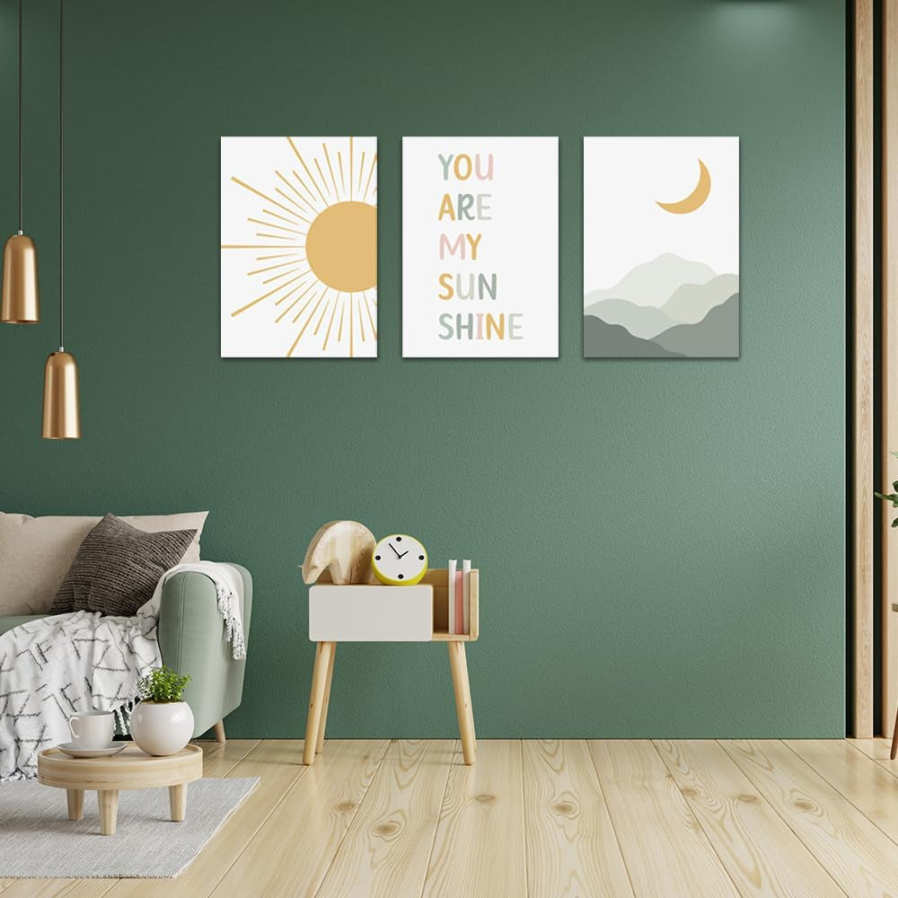 Boho Sun Moon Wall Art Set of 3,Framed Canvas Wall Art Sun Rising on the Horizon Geometric Nature Mountain Art Wall,Mid-Century Modern Prints Boho Wall Decor Nursery Decor Green Brown 24"X36"
