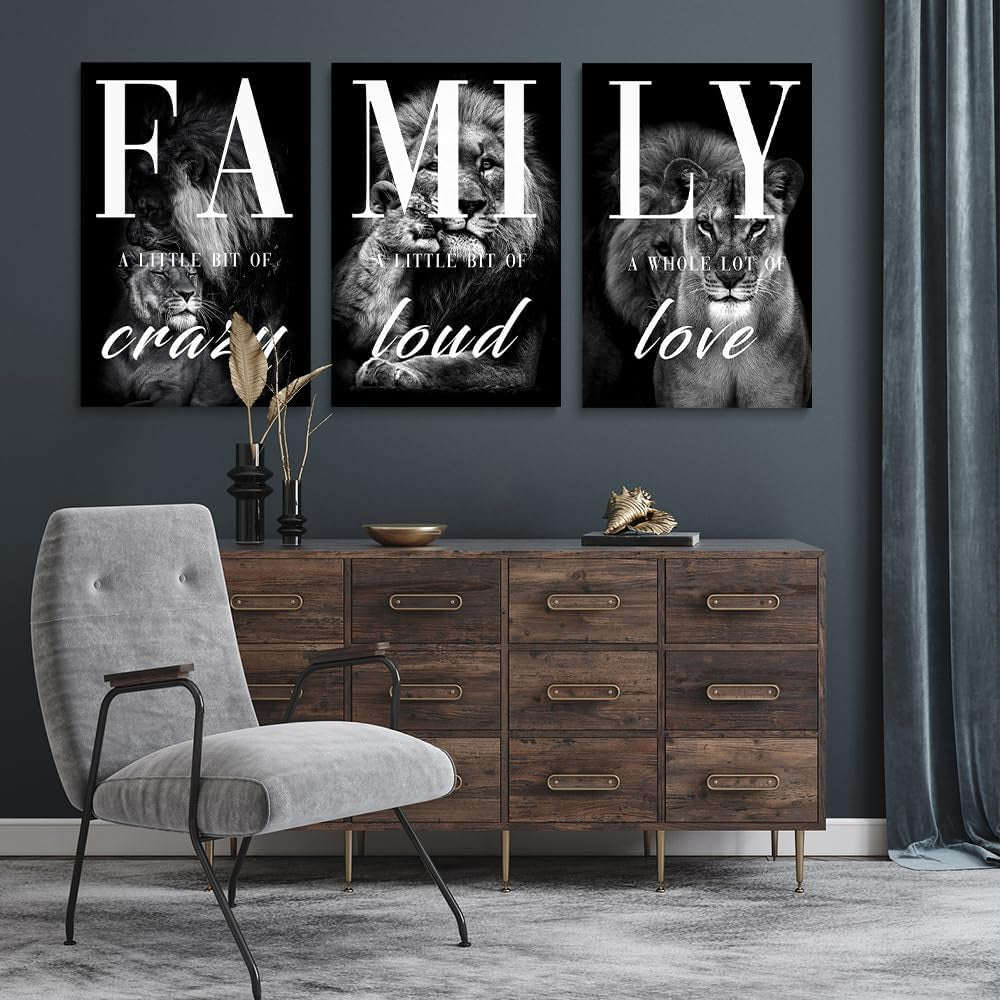 Farmhouse Family Wall Art Set of 3 Home Living Room Dining Room Wall Decor Animal Lion Art Black Gray Rustic Wood Framed Modern Wall Decor for Living Room,Family Signs Prints Canvas 12"X16"
