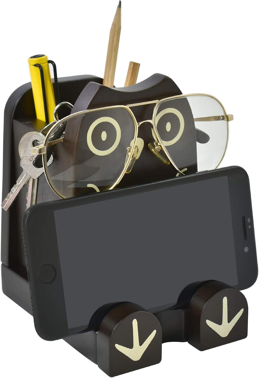 Wood Multipurpose Eyeglass Phone Pen & Pencil Holder Stand Stationery Desk Box Organizer Accessories, Home Office Desktop Decor Birthday Graduation Gifts “Dream Big Aim High” (Owl)