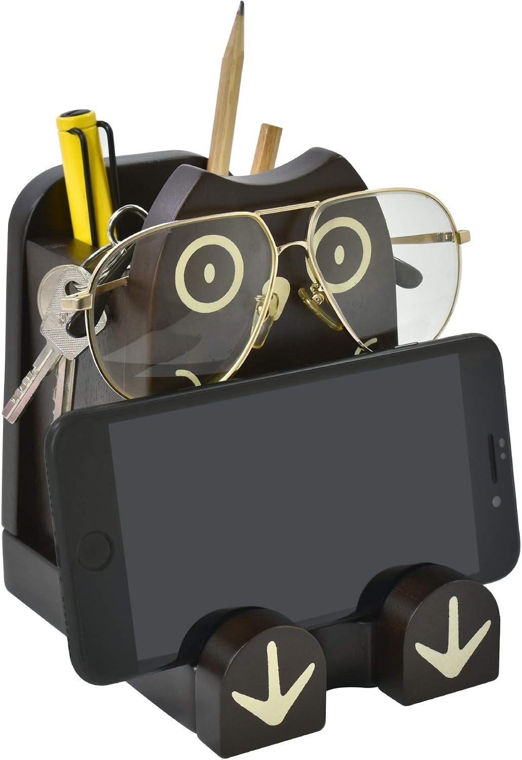 Wood Multipurpose Eyeglass Phone Pen & Pencil Holder Stand Stationery Desk Box Organizer Accessories, Home Office Desktop Decor Birthday Graduation Gifts “Dream Big Aim High” (Owl)