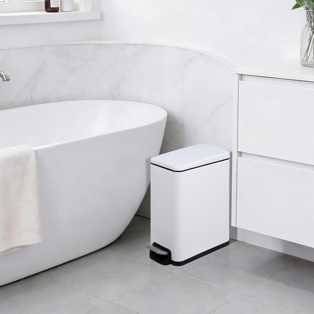 Slim Kitchen Trash Can with Lid, 10L Narrow Stainless Steel Garbage Can, Step Pedal Trash Bin with Soft Close & Stay Open Lid, Space Saving Can with Inner Bucket for Bathroom Office White