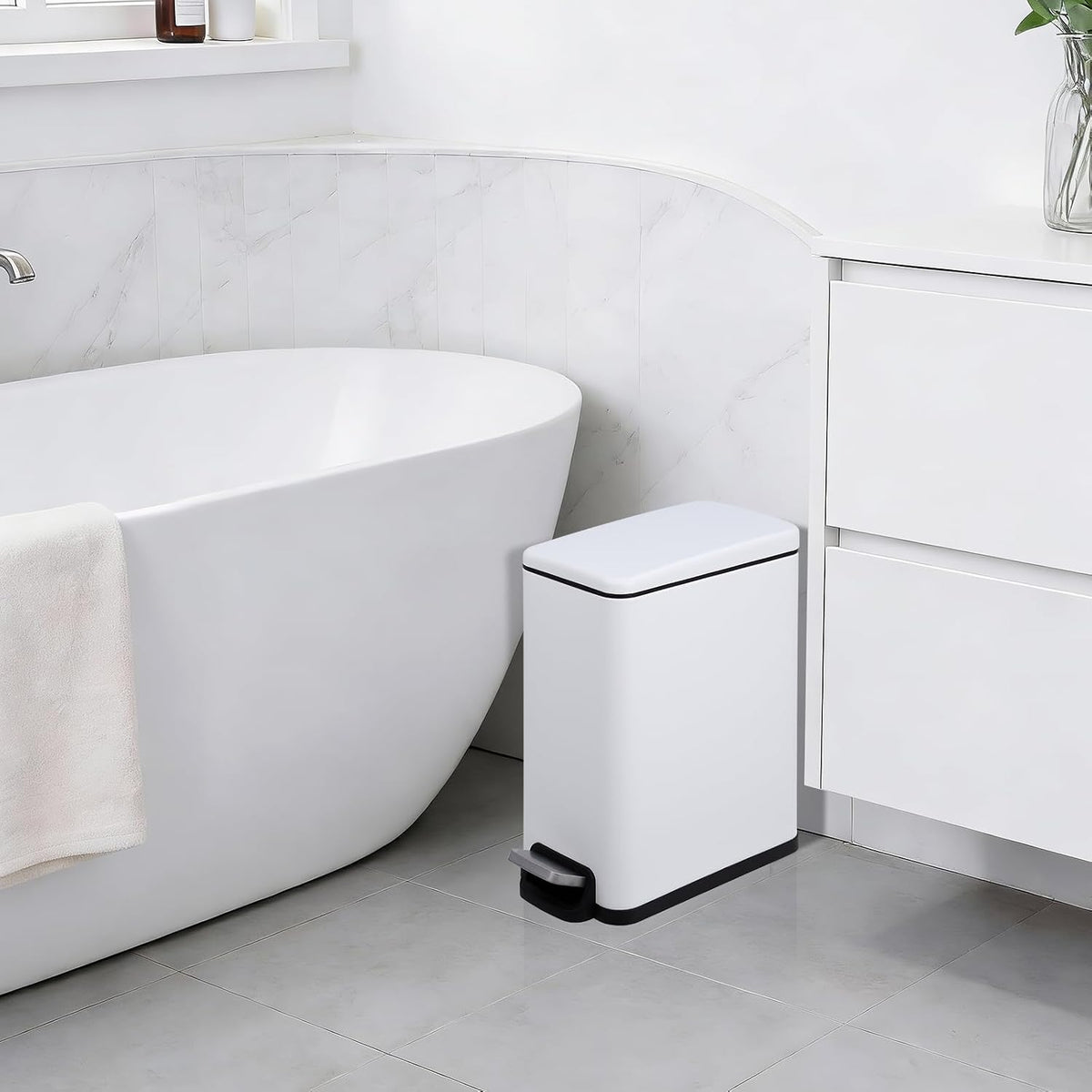 Slim Kitchen Trash Can with Lid, 10L Narrow Stainless Steel Garbage Can, Step Pedal Trash Bin with Soft Close & Stay Open Lid, Space Saving Can with Inner Bucket for Bathroom Office White