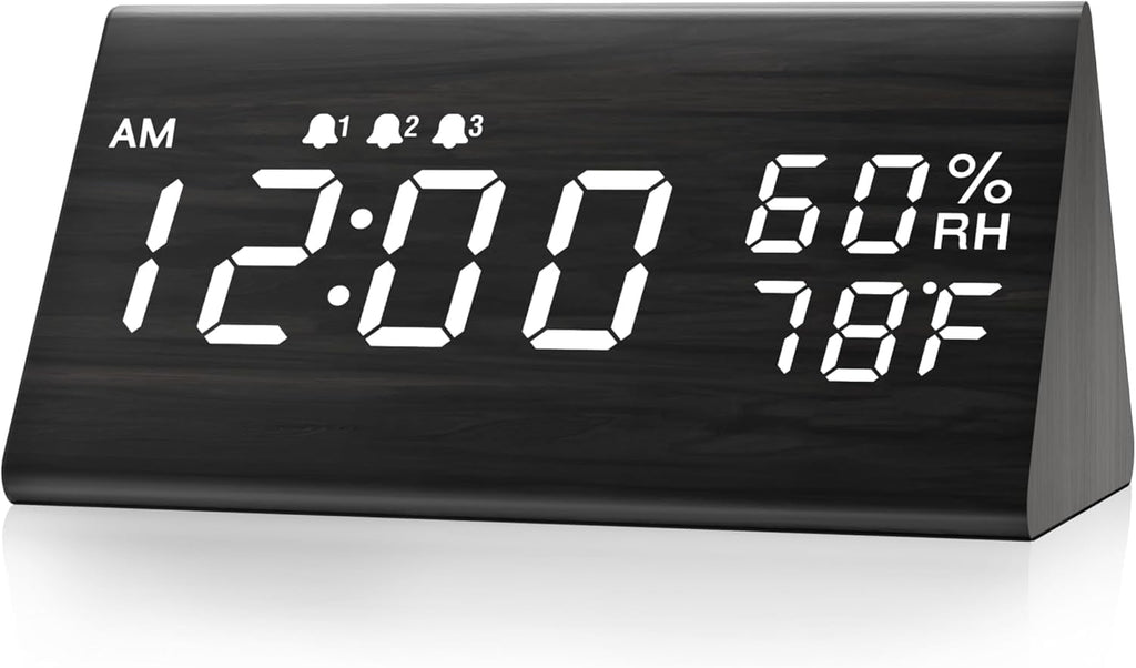 Wooden Digital Alarm Clock for Bedrooms and Office, 3 Alarms with Big Digits, Humidity and Temperature Display, 6-Level Dimmer, Snooze, Loud Desk Clock for Heavy Sleepers, Plug in (Black)