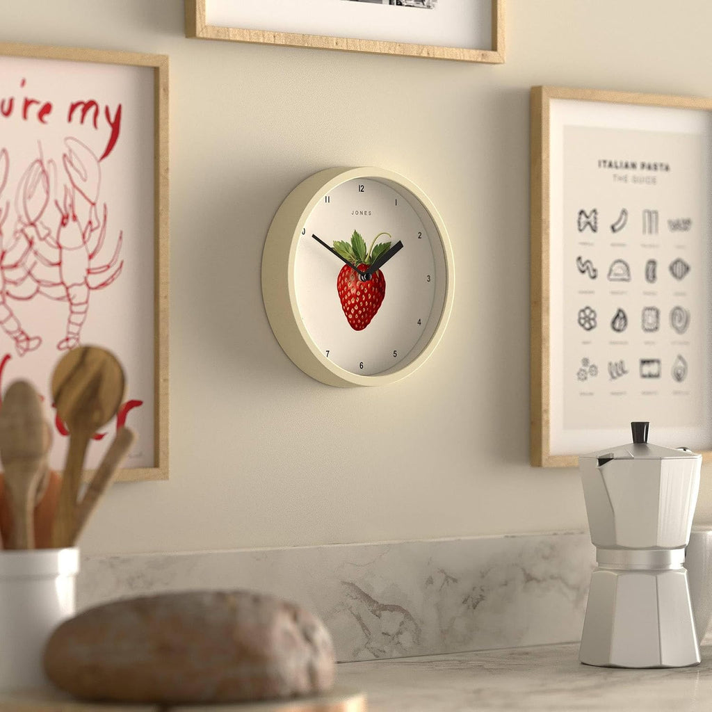 ® Fruit Wall Clock | Small round Clock | 8" | Cream | Botanical Illustrated Strawberry Artwork | Ideal for Kitchen and Dining Rooms.