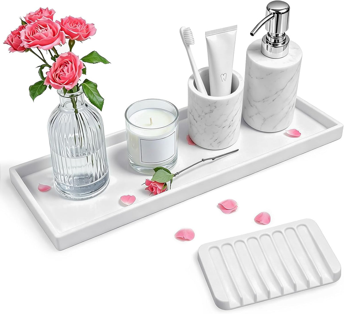 Counter Tray Set for Bathroom/Kitchen - 15.7" Silicone Tray for Kitchen Countertop, Soap and Sponge Holder, Bathroom Vanity Traty for Perfume,Jewelry,Candle,Key Tray