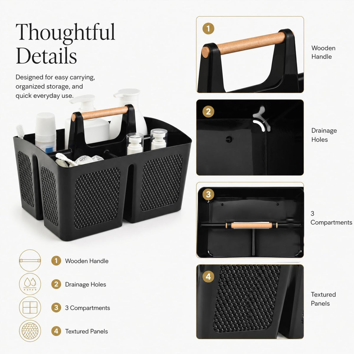 Plastic Shower Caddy with Wooden Handle, Portable 3-Compartment Bathroom Organizer Basket with Drainage Holes, Quick Dry Shower Basket for Dorm, College, Cleaning Supplies