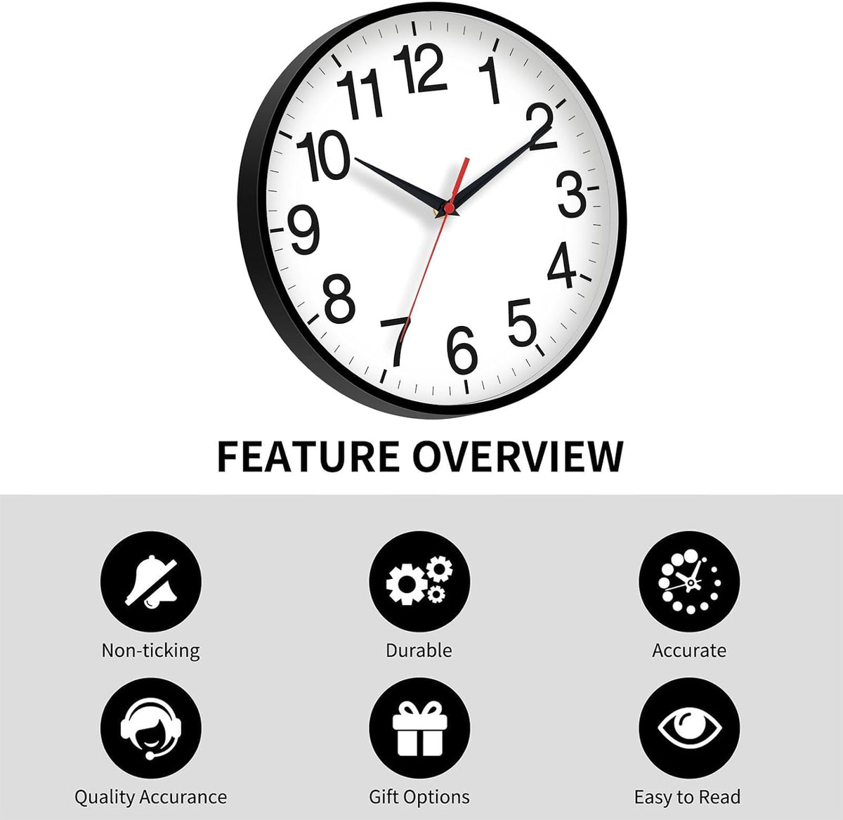 Wall Clock Analog 18 Inch Black Battery Operated Silent Clock