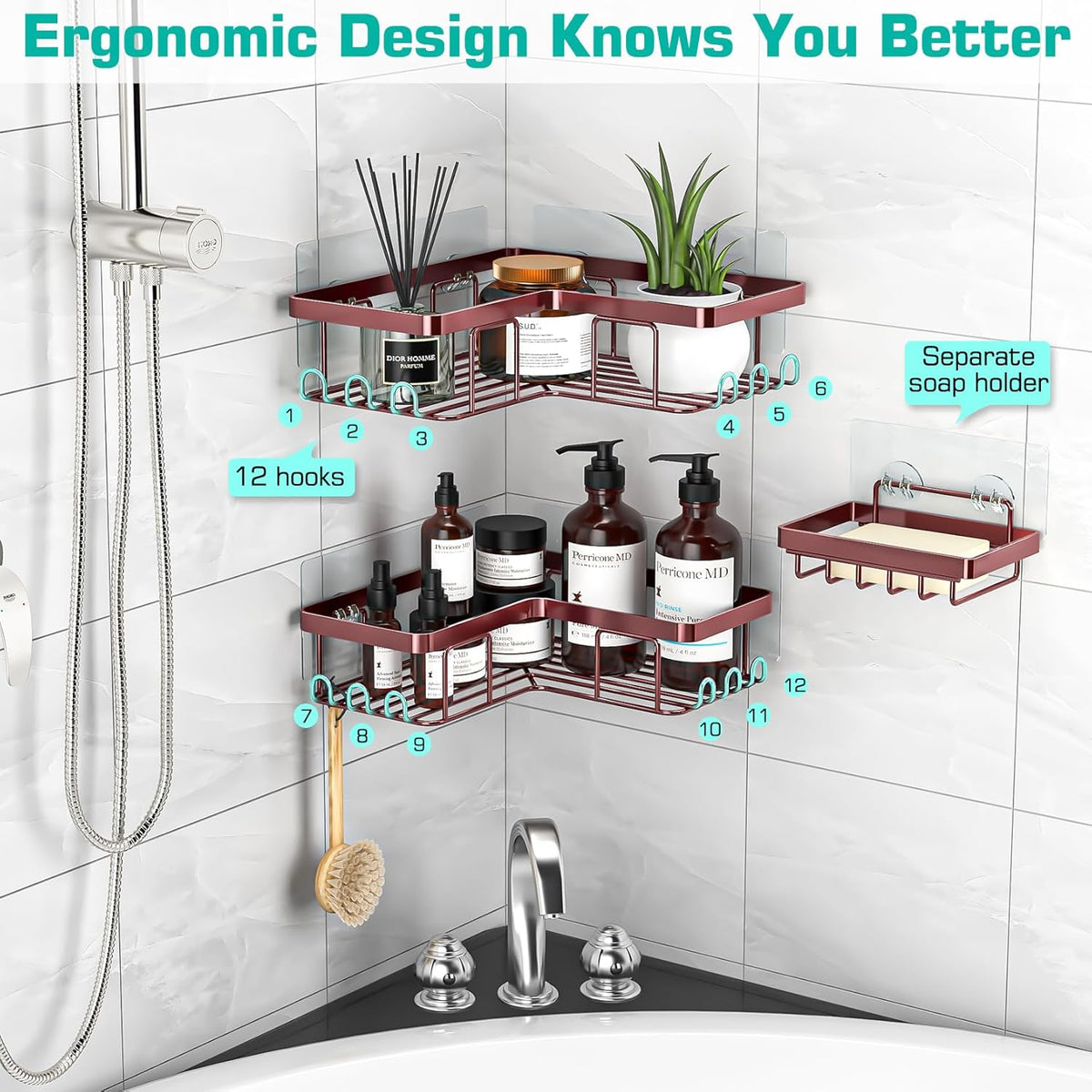 Corner Shower Caddy, 3-Pack Adhesive Shower Caddy with Soap Holder and 12 Hooks, Rustproof Stainless Steel, No Drilling Wall Mounted Rack Organizer, for Bathroom, Bronze