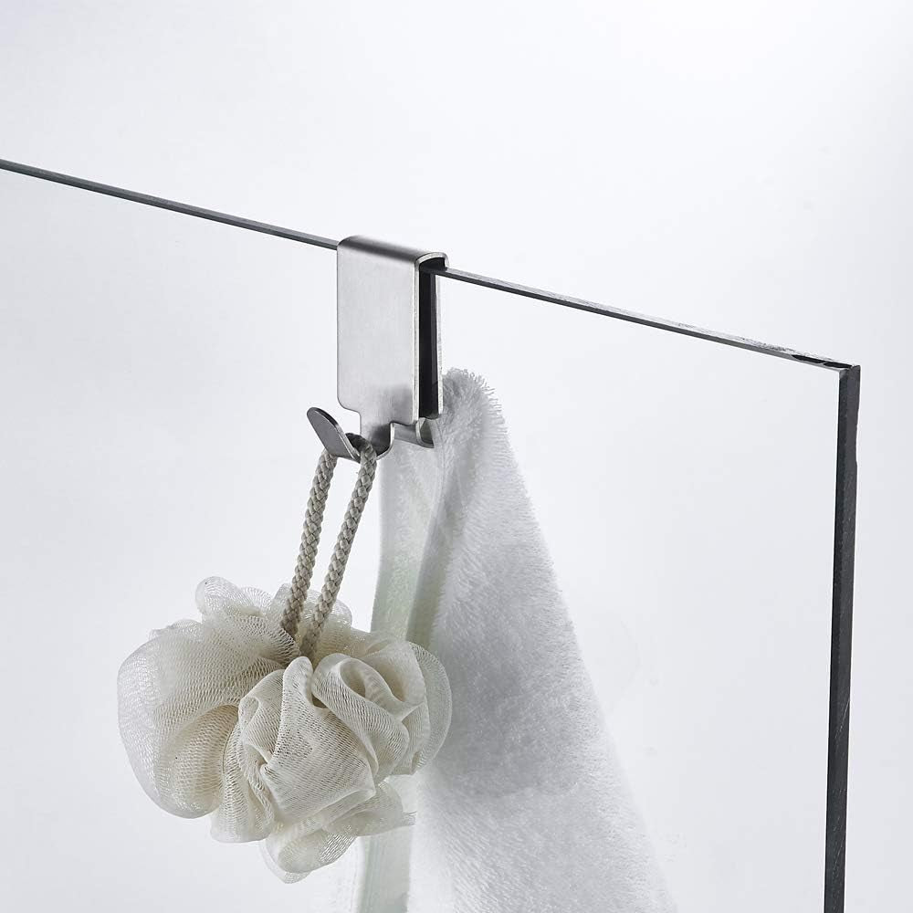 Double Hooks for Glass Shower Door, Towel Hooks over the Bathroom Glass Wall 0.31-0.39In, Stainless Steel, Brushed,2 Pack.