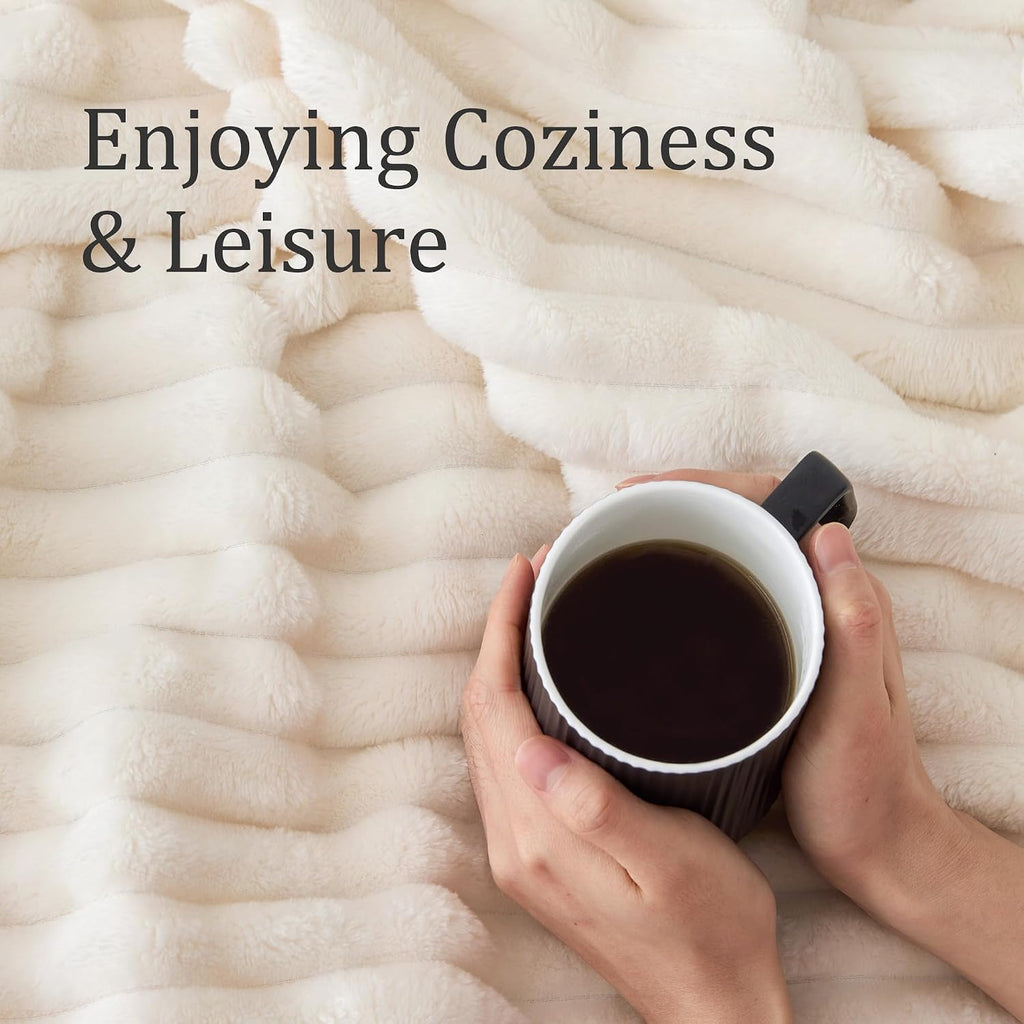Ribbed Fleece Throw Blanket for Couch, Cream, 50"X60"