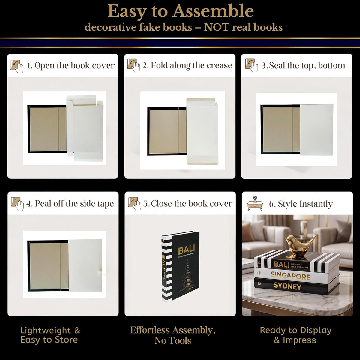 Decorative Books for Home Decor - Black and Gold Foiled Decor Books for Coffee Table - Decorative Hardcover Display Faux Books for Bookshelf – Fashion Designer Books Decor Set of 3