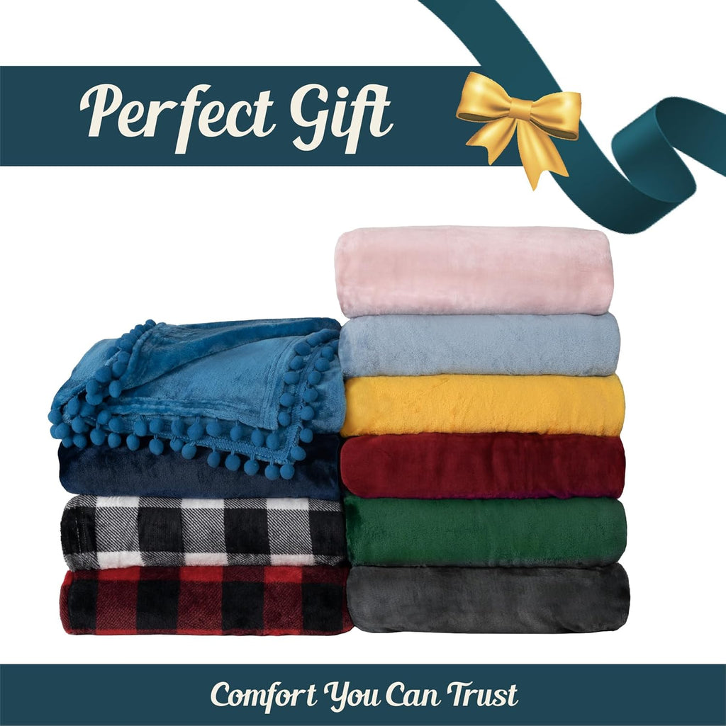 Fleece Throw Blanket for Couch with Pom Pom Fringe, Emerald Green, Soft Cozy Fuzzy Flannel Blanket for Sofa Bed, Lightweight Plush All Season Throw, 50X60 Inches