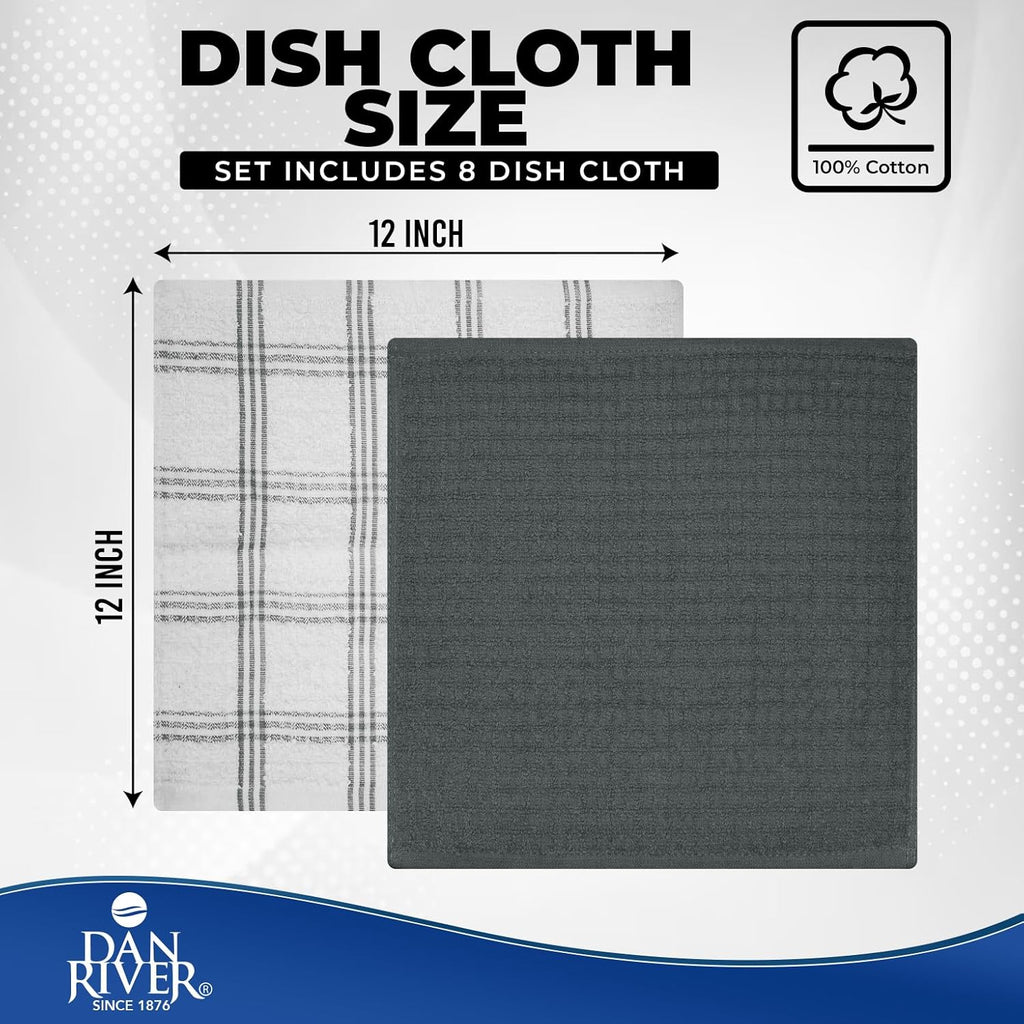 Premium Dish Cloth 100% Cotton 12X12 Inches |Pack of 8|- Grey
