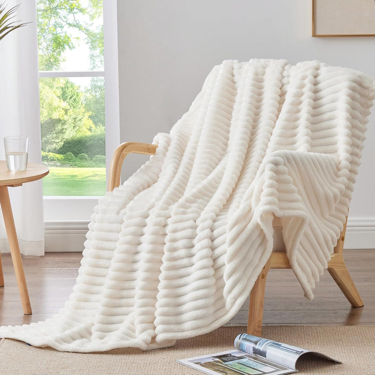 Ribbed Fleece Throw Blanket for Couch, Cream, 50"X60"