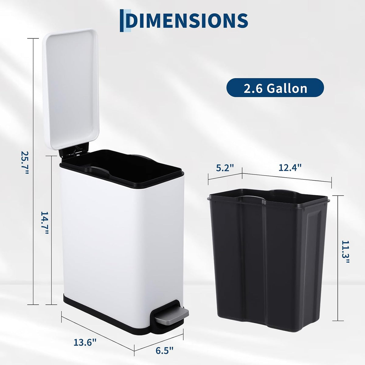Slim Kitchen Trash Can with Lid, 10L Narrow Stainless Steel Garbage Can, Step Pedal Trash Bin with Soft Close & Stay Open Lid, Space Saving Can with Inner Bucket for Bathroom Office White