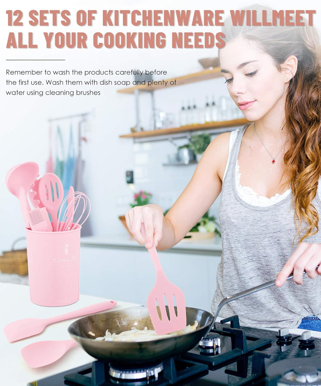 Pink Kitchen Utensils Set-12 Pieces Silicone Cooking Utensils Set