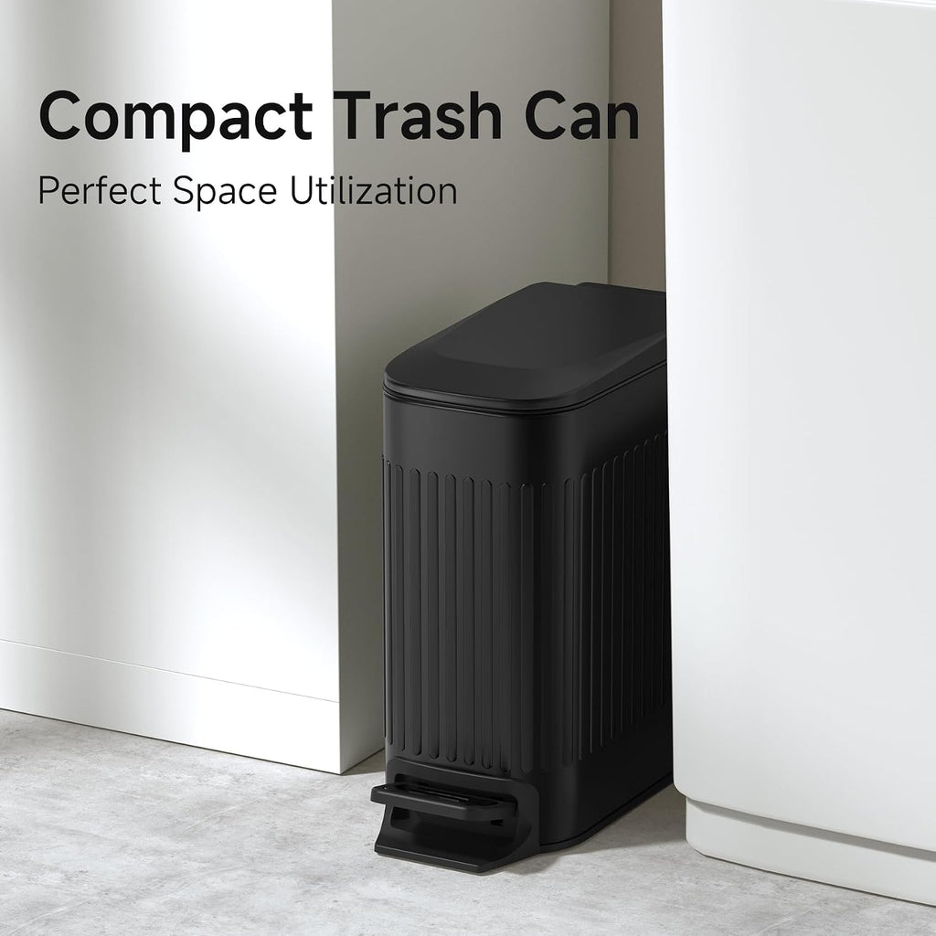 Slim Bathroom Trash Can with Lid Soft Close, Step Pedal, 6 Liter / 1.6 Gallon Stainless Steel Trash Bin, Small Garbage Cans for Bedroom, Office, Kitchen (Black)