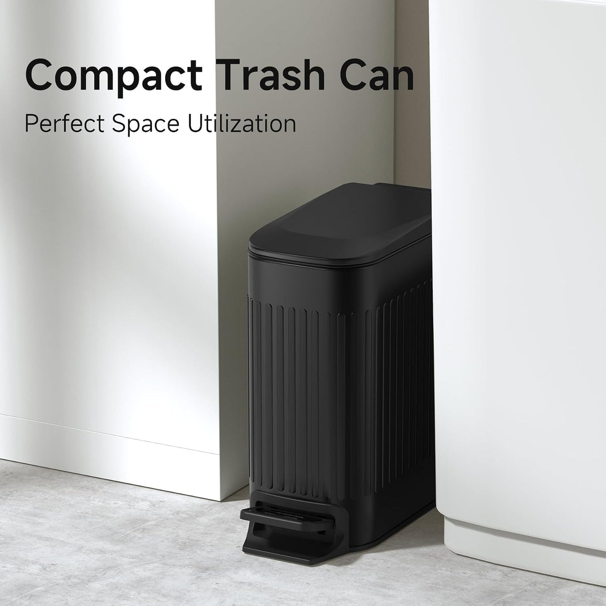 Slim Bathroom Trash Can with Lid Soft Close, Step Pedal, 6 Liter / 1.6 Gallon Stainless Steel Trash Bin, Small Garbage Cans for Bedroom, Office, Kitchen (Black)