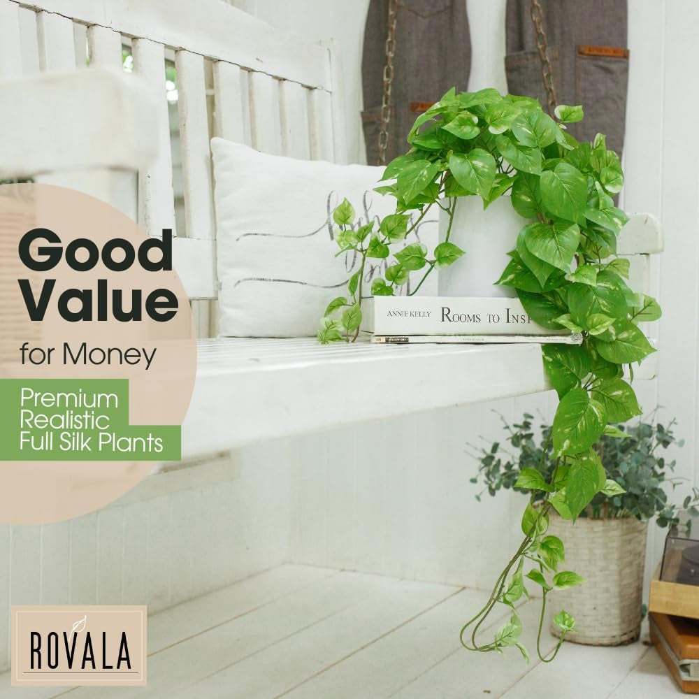ROVALA Silk Plants for Home Decor Indoor in Pot Realistic Artificial Plants Fake Hanging Plants Faux Plants Indoor Fake Potted Plants Fake Plants for Shelves Bathroom Plants, Fake Pothos (Light Green)