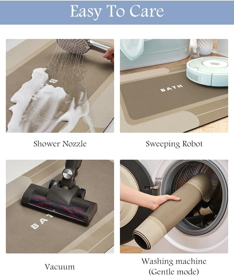 -Bath Mat Rug Long Non Slip Super Absorbent Bathroom Runner Stain Resistant Quick Dry Thin Bathroom Mat Fit under Door-17"X59",Beige