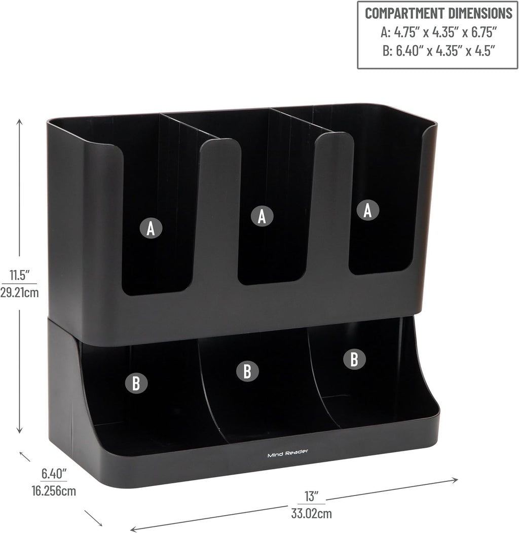 Condiment Station, 13 Inch Countertop Coffee Bar Organizer with 6 Compartments, Storage Caddy for Cups, Lids and Packets, Plastic, Black