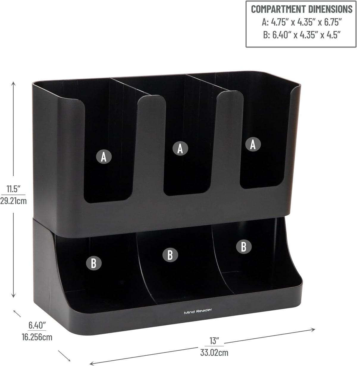 Condiment Station, 13 Inch Countertop Coffee Bar Organizer with 6 Compartments, Storage Caddy for Cups, Lids and Packets, Plastic, Black