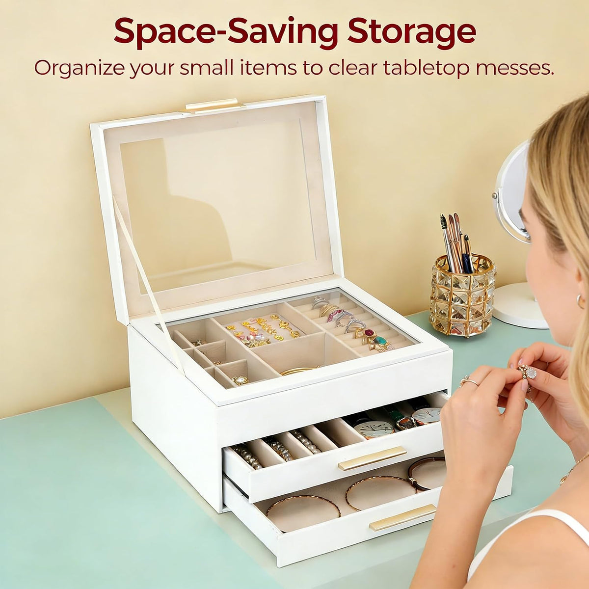Jewelry Box for Women, 3-Layer Jewelry Box, Jewelry Organizer with Clear Glass Lid and Drawers, Jewelry Organizers and Storage for Necklaces, Rings, Earrings, Bracelets(White)