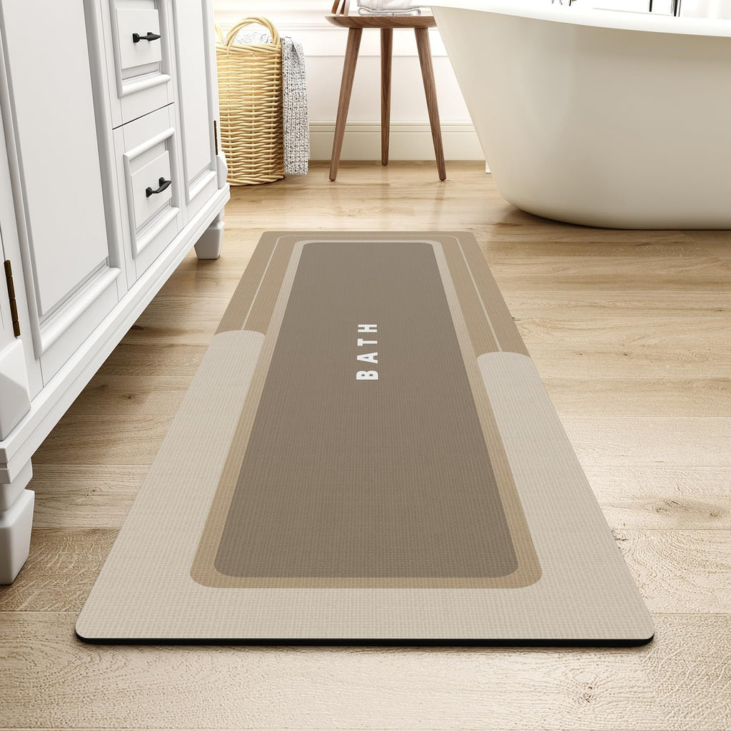 -Bath Mat Rug Long Non Slip Super Absorbent Bathroom Runner Stain Resistant Quick Dry Thin Bathroom Mat Fit under Door-17"X59",Beige