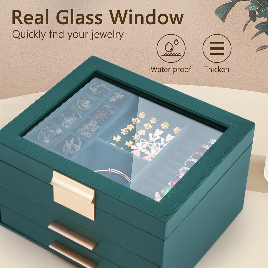 3-Layer Jewelry Box for Women, Jewelry Organizer with Glass Lid and Drawers, Jewelry Organizers and Storage for Necklaces, Rings, Earrings, Bracelets - White/Green/Black