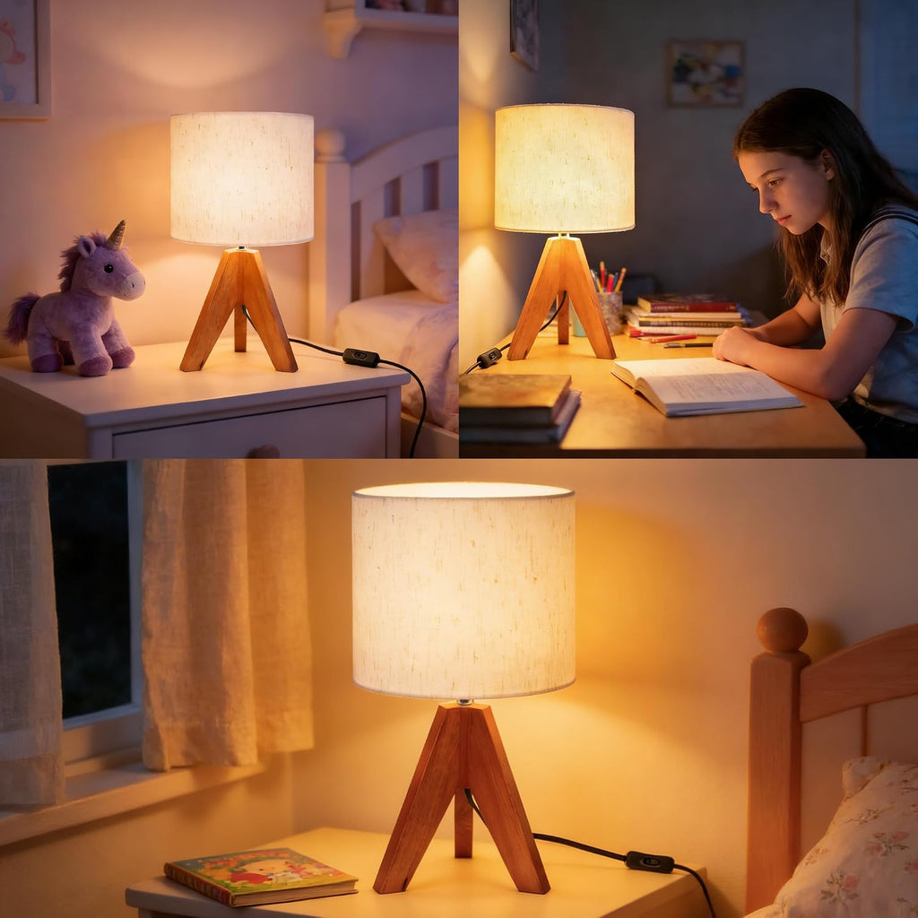Mid Century Table Lamp - Small Side Table Lamp with Linen Shade, 14.2 Inch Bedside Lamps for Night Stands, Bedroom, Living Room, Wood Base, E26 Socket（2Pcs）
