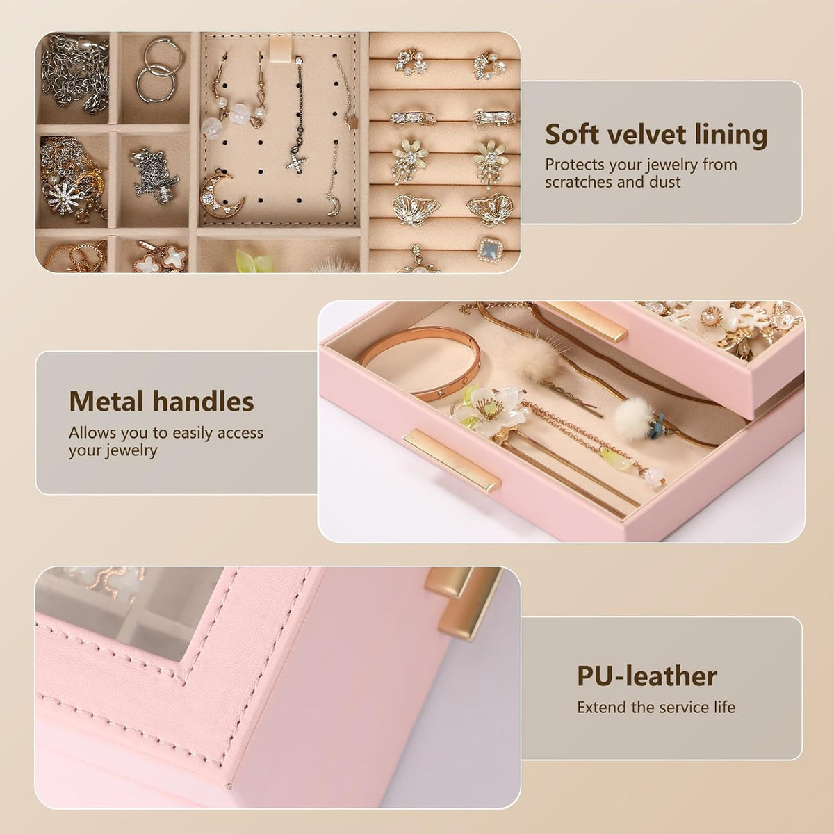 3-Layer Jewelry Box for Women, Jewelry Organizer with Glass Lid and Drawers, Jewelry Organizers and Storage for Necklaces, Rings, Earrings, Bracelets - White/Green/Black/Pink
