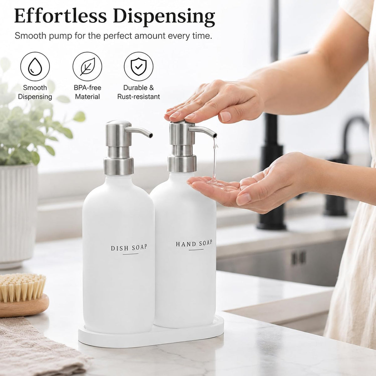 Glass Soap Dispenser - Dish Soap Dispenser for Kitchen and Hand Soap Dispenser Set, Bathroom Soap Dispenser with 304 Rust Proof Pump, Soap Dispenser for Kitchen with Tray, White Bottle/Silver Pump