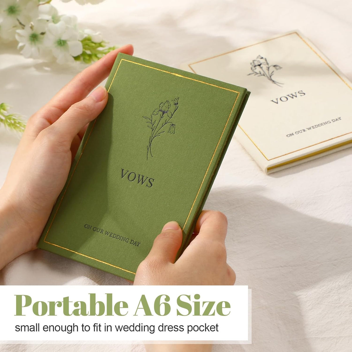 Wedding Vow Books His and Hers, Gold Foil, Green, Beige