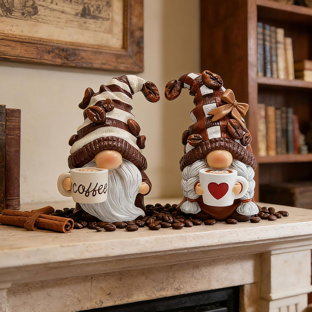 2PCS Coffee Gnome Figurines, Resin Statues for Home Office Kitchen Tiered Tray & Farmhouse Shelf, Indoor Outdoor Dwarf Decor, Adorable Gift for Women