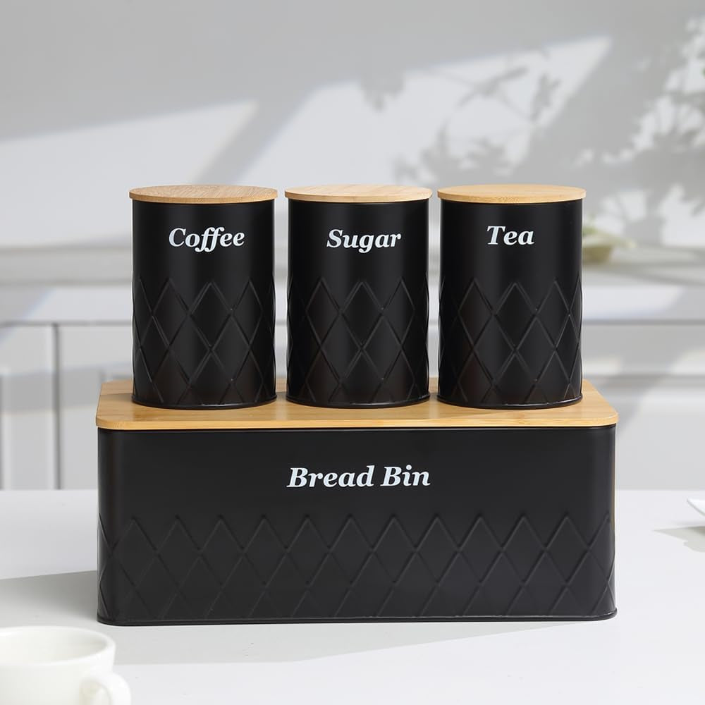 Black Metal Bread Box with Cutting Board,3 Canisters for Kitchen