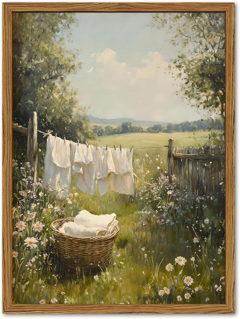 Framed Vintage Laundry Room Wall Art, Farmhouse Landscape Wildflower Pictures Wall Decor, Cottagecore Country Nature Paintings Canvas Prints Home Decor Aesthetic for Bathroom Living Room 12X16 Inch